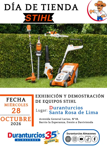 Afiche: Día de tienda STIHL, miércoles 28 de octubre de 2026, exhibición y demostración de equipos STIHL en Duranturcios Santa Rosa de Lima